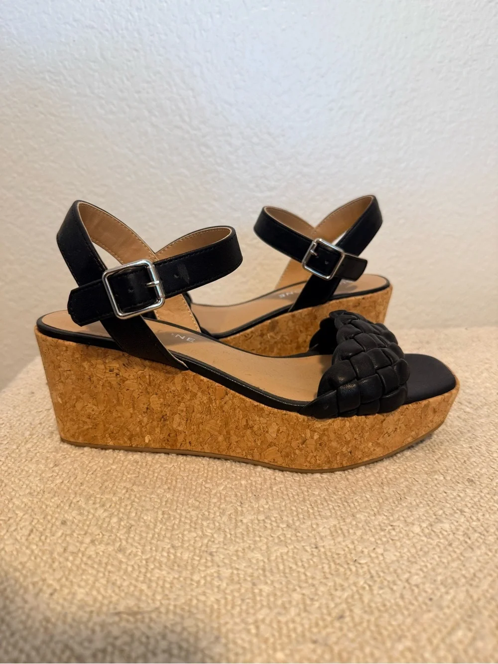 Black Woven Strap Cork Wedge Sandals with Ankle Buckle